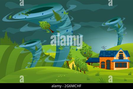 Vector illustration of tornado storm hit the town. Hurricane in village destroy building, fields and trees in flat style. Stock Vector