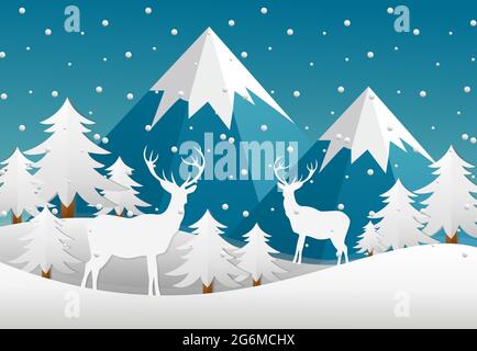 Vector Illustration winter landscape with forest, deers, mountains in flat style. Stock Vector