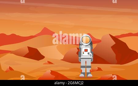 Vector illustration astronaut in a spacesuit on Mars or another planet with prcky desert landscape. Stock Vector