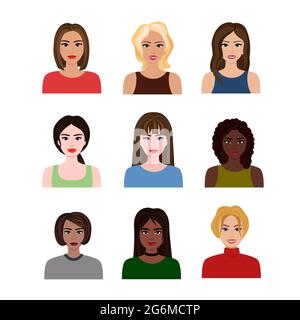 Vector illustrations of beautiful young girls and women different nations with various hair style. Female avatars in flat cartoon style. Stock Vector