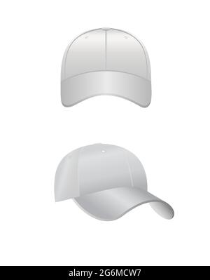 Vector illustration of back front and side view white baseball cap isolated on white background in realistic style. Stock Vector