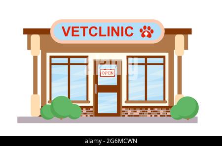 Vector illustration of veterinary medicine hospital, clinic or pet shop for animals in flat style. Stock Vector