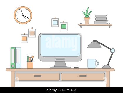 Vector illustration of desk with a computer. Workplace in office or at home drawn in flat style. Stock Vector