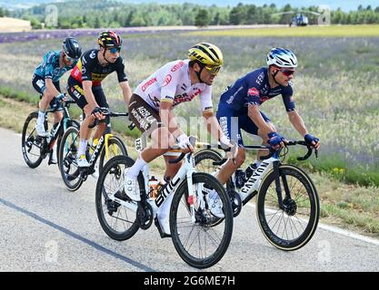 Belgian Wout Van Aert of Team Jumbo-Visma and Belgian Greg Van Avermaet of AG2R Citroen Team pictured in action during stage 11 of the 108th edition o Stock Photo