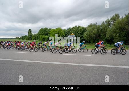 France, July 6, 2021,  Beaumont les Valence (26), July 6, 2021: passage of the Tour de France riders. The peloton on a country road. Photo by Delmarty J/ANDBZ/ABACAPRESS.COM Stock Photo