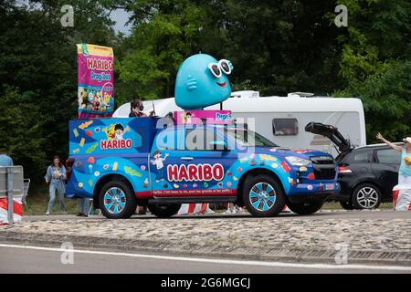 France, July 6, 2021,  Beaumont les Valence (26), July 6, 2021: passage of the Tour de France advertising caravan. Haribo candy brand advertising vehicle. Photo by Delmarty J/ANDBZ/ABACAPRESS.COM Stock Photo