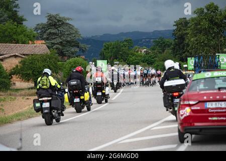 France, July 6, 2021,  Beaumont les Valence (26), July 6, 2021: passage of the Tour de France riders with the following cars and motorcycles from the peloton. Photo by Delmarty J/ANDBZ/ABACAPRESS.COM Stock Photo