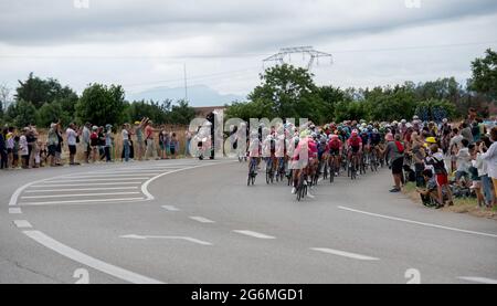 France, July 6, 2021,  Beaumont les Valence (26), July 6, 2021: passage of Tour de France riders and spectators on the side of the road. Photo by Delmarty J/ANDBZ/ABACAPRESS.COM Stock Photo