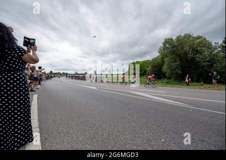 France, July 6, 2021,  Beaumont les Valence (26), July 6, 2021: passage of Tour de France riders and spectators on the side of the road. Photo by Delmarty J/ANDBZ/ABACAPRESS.COM Stock Photo