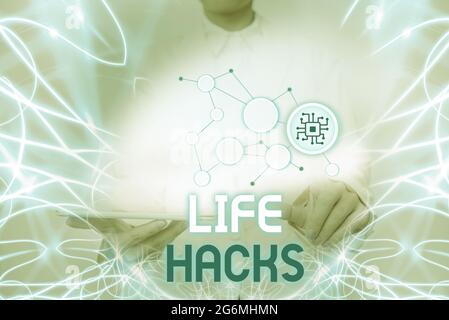 Handwriting text Life Hacks. Word Written on strategy or technique adopted to manage activities efficiently Lady Holding Tablet Pressing On Virtual Stock Photo