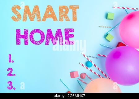 Text showing inspiration Smart Home. Conceptual photo equipped home can be controlled remotely by phone or computer Colorful Birthday Party Designs Stock Photo