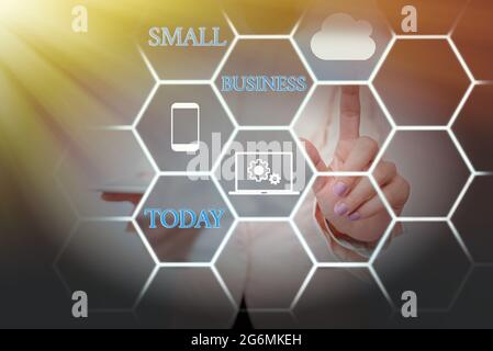 Conceptual display Small Business. Business idea an individualowned business known for its limited size Lady Holding Tablet Pressing On Virtual Button Stock Photo