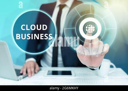 Text caption presenting Cloud Business. Business overview internetbased delivery of services made available to users Bussiness Man Sitting Desk Laptop Stock Photo