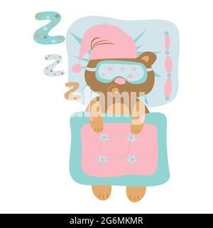 Cartoon teddy bear sleeps sleep for print design. Funny cartoon character.Cute baby print. White background. Stock Vector