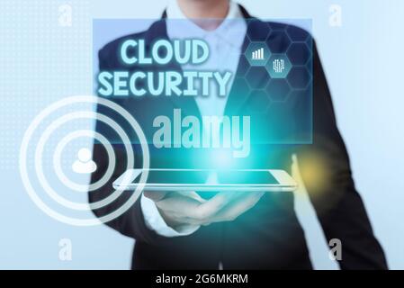 Handwriting text Cloud Security. Conceptual photo Imposing a secured system of existing data in the Internet Woman In Suit Standing Using Device Stock Photo