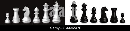 3d chess pieces stand in a row on a black and white background. 3d chess isolated on black and white background. Stock Vector