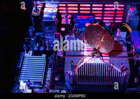 Coin on chip computer, Idea about concept crytro currentcy. Stock Photo
