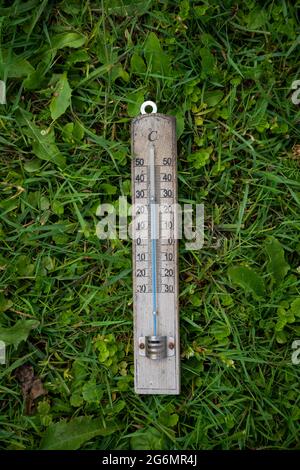 thermometer on grass top view copy space Stock Photo