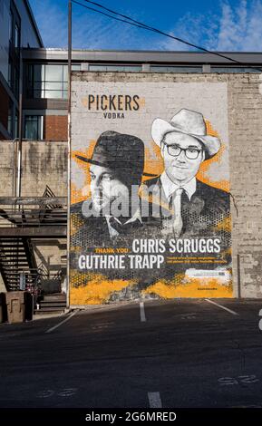 Nashville, Tennessee - 28 June 2021: Wall mural advertisement for Pickers Vodka in downtown Nashville Stock Photo