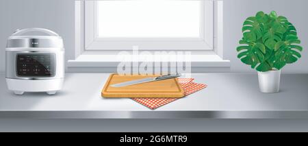 Kitchen steel table with wooden cutting board and knife. Window, house plants. Stock Vector