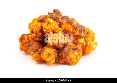 Chocolate Peanut Butter Flavored Gourmet Popcorn on a White Background Stock Photo