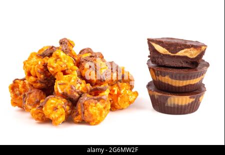 Chocolate Peanut Butter Flavored Gourmet Popcorn on a White Background Stock Photo