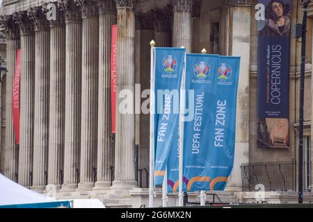 London, United Kingdom. 7th July 2021. Fan Zone banners at Trafalgar Square ahead of the England v Denmark Euro 2020 football semi final at Wembley Stadium. (Credit: Vuk Valcic / Alamy Live News) Stock Photo