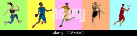 Collage of different professional sportsmen, fit people in action and motion isolated on multicolored background. Stock Photo