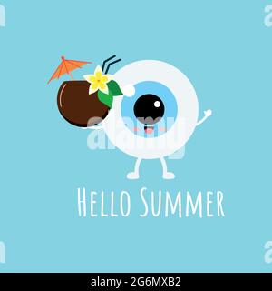 Cute eye ball emoji with hawaii coconut cocktail wit umbrella and flower. Stock Vector