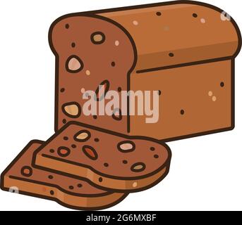 Loaf and slices of whole grain brown bread with nuts and fruits isolated vector illustration for Date Nut Bread Day on December 22. Stock Vector