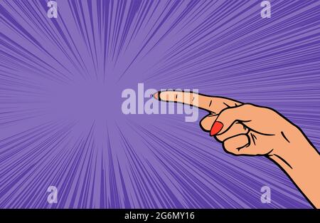 The female hand advertises. Pointing with a finger. Background for advertising and space for text. Vector cartoon illustration in pop art style. Color Stock Vector
