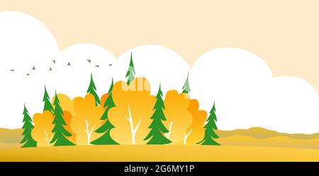 Golden autumn in the forest. Rural landscape. Yellow trees, green spruce, wide field and horizon. Flock of birds. Cartoon vector illustration for back Stock Vector