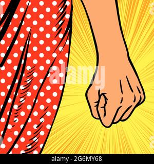 Angry fist of a woman. Red dress. Concept of female emotions and feelings. Protest, discontent, anger and use of force. Vector cartoon colorful illust Stock Vector