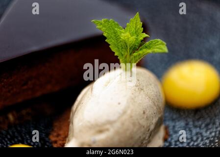 Close up of appetizing Dark Chocolate Tart with orange gel and artichoke ice cream Stock Photo