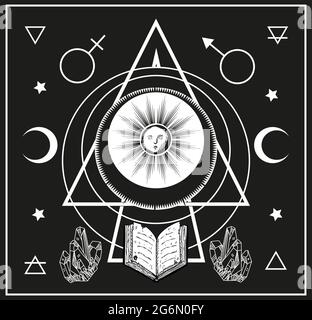 sun, moon, magical vector illustration, spell book, crystals,tarot cards symbol, alchemy Stock Vector