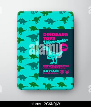 Dinosaur Toys Label Template. Abstract Vector Packaging Design Layout. Hand Drawn Velociraptor Sketch with Ancient Reptile Creatures Pattern Stock Vector