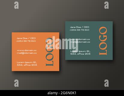 Modern Square Business Cards Template. Realistic Vector Stationary Mockups Scene with Soft Shadows and Typograpy. Top View Background Decorative Stock Vector