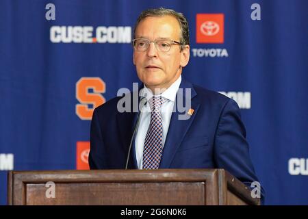 Syracuse, New York, USA. 08th June, 2021. Syracuse Orange athletic director John Wildhack speaks during a press conference to officially announce the retirement of head mens lacrosse coach, John Desko on Tuesday, June, 8, 2021 at the Ensley Athletic Center in Syracuse, New York. Rich Barnes/CSM/Alamy Live News Stock Photo