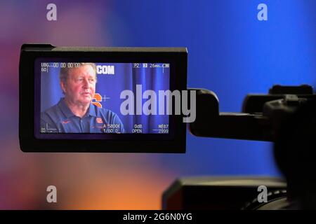 Syracuse, New York, USA. 08th June, 2021. Detailed view of head coach John Desko in a video camera display during a press conference to officially announce the retirement as head coach on Tuesday, June, 8, 2021 at the Ensley Athletic Center in Syracuse, New York. Rich Barnes/CSM/Alamy Live News Stock Photo