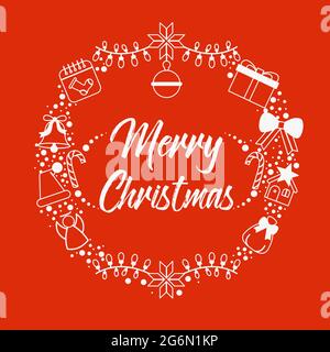 Vector illustration of Christmas icons wreath in white color on red background in line flat style. Stock Vector