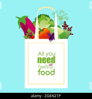 Vector illustration of white package with text on it and fresh healthy produce. Organic products from the farm. Vegetables,fruits, salads and green in Stock Vector