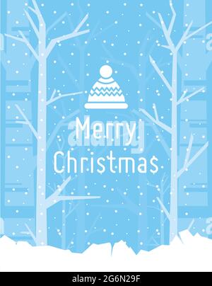 Vector illustration of christmas greeting card with white trees and snow on blue background and winter landscape in flat style. Stock Vector