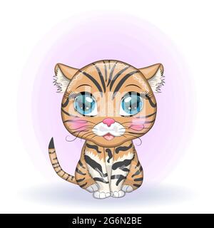 Black footed cat with beautiful eyes in cartoon style, colorful illustration for children. Felis nigripes cat with characteristic spots and colors Stock Vector