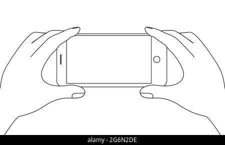 Vector illustration mobile device in hands outline and contour on white background. Stock Vector