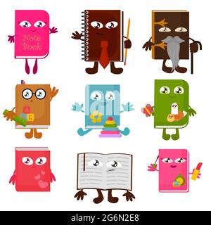 Vector illustration set of funny book characters isolated on white background. Childish bright and colorful books with smiling faces, arms and legs Stock Vector