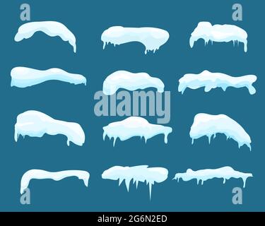 Vector illustration set of snow and ice vector frames. Winter snow caps, snowdrifts and icicles in cartoon flat style. Stock Vector