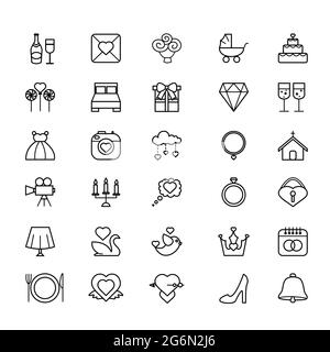 Vector illustration outline web icon set - wedding in white background. Wedding line icons. Stock Vector