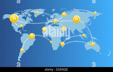 Vector illustration of Financial Technology concept image with bitcoin on the world map background in light colors. Digital currencies Stock Vector