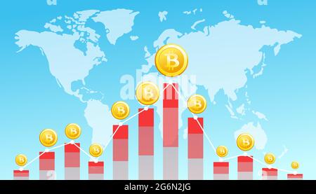 Vector illustration of Financial Technology concept image with bitcoin on the world map background. Digital currencies , cryptocurrency , digital Stock Vector