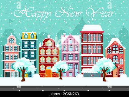 Snowy night in cozy town city panorama. cityscape in Christmas time vector illustration in flat style. Stock Vector